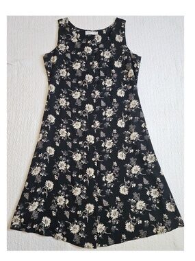 Vintage Valerie Stevens Black Grey Ivory Floral Button Front Sleeveless Dress